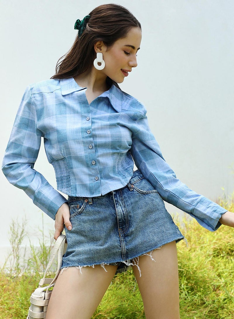PINACOLADA Women's Sky Blue Buffallo Check Cinched Cropped Shirt  - Image 1