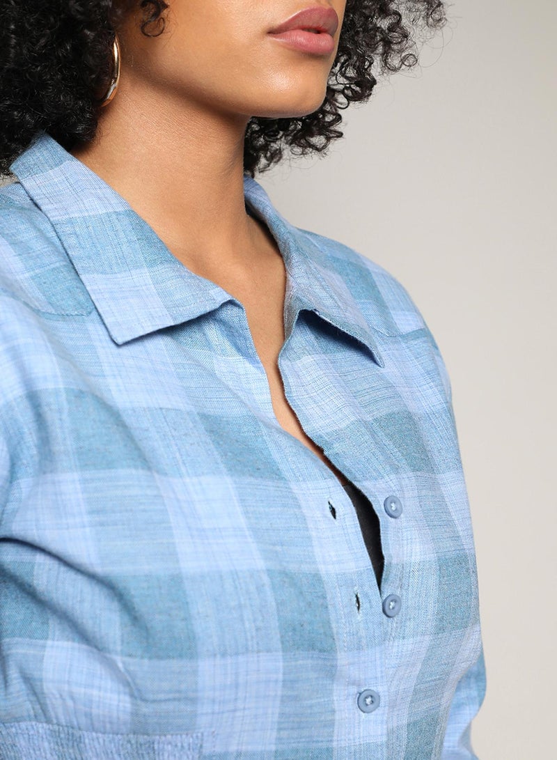 PINACOLADA Women's Sky Blue Buffallo Check Cinched Cropped Shirt  - Image 3