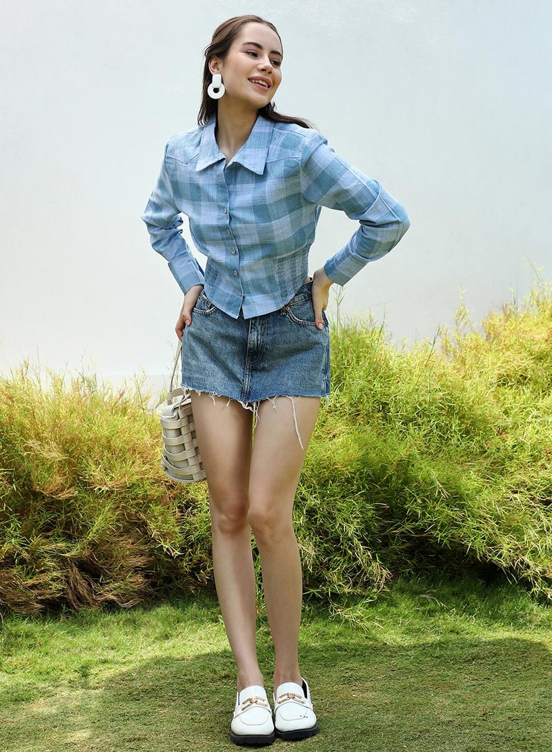 PINACOLADA Women's Sky Blue Buffallo Check Cinched Cropped Shirt  - Image 2