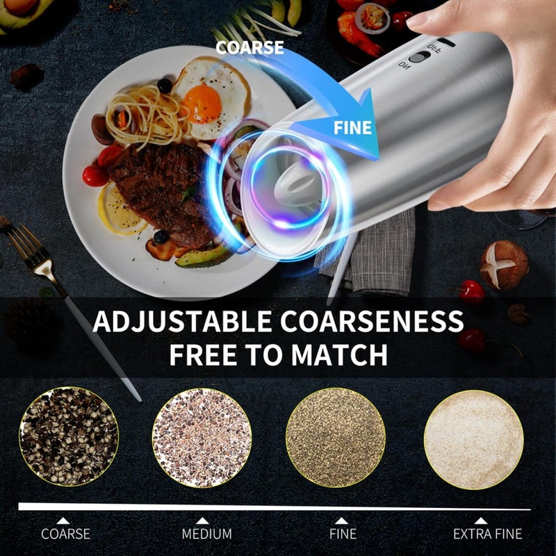 PEIPU Electric Pepper and Salt Grinder, Seasoning Mill，Adjustable Coarseness,with LED Light,One Hand Automatic Operation, Stainless Steel (RE-Silver, 2Pack) - Image 4