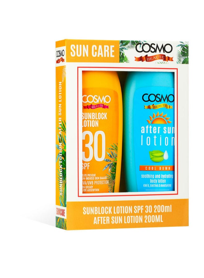 COSMO مجموعة هدايا الوقاية من الشمس قطعتين، لوشن واقي من الشمس بعامل حماية من الشمس 30 200 مل + لوشن ما بعد الشمس 200 مل، للجنسين