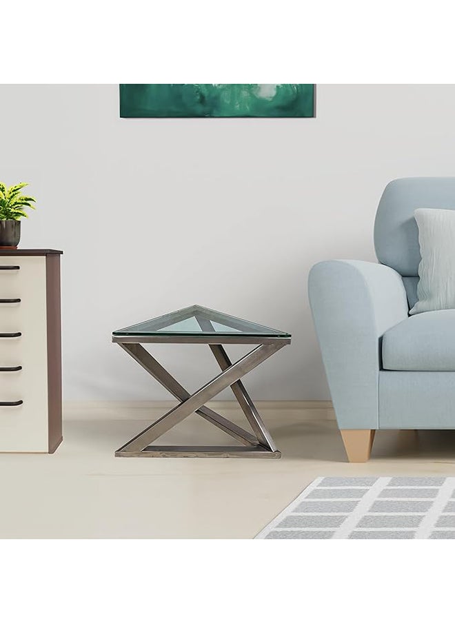 RIGID - Stainless Steel End Table with Glass Top  46x60x60cm - Image 1
