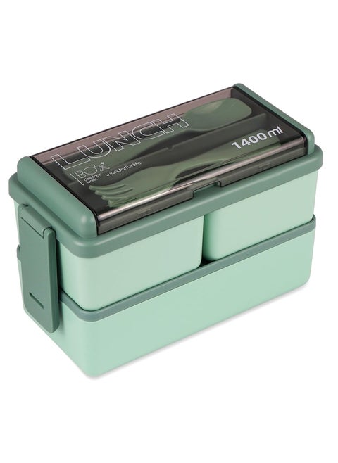 1400ml Double-Layer Bento Box with Spoon and Fork, Leakproof Lunch Container for Adults, Microwave Safe