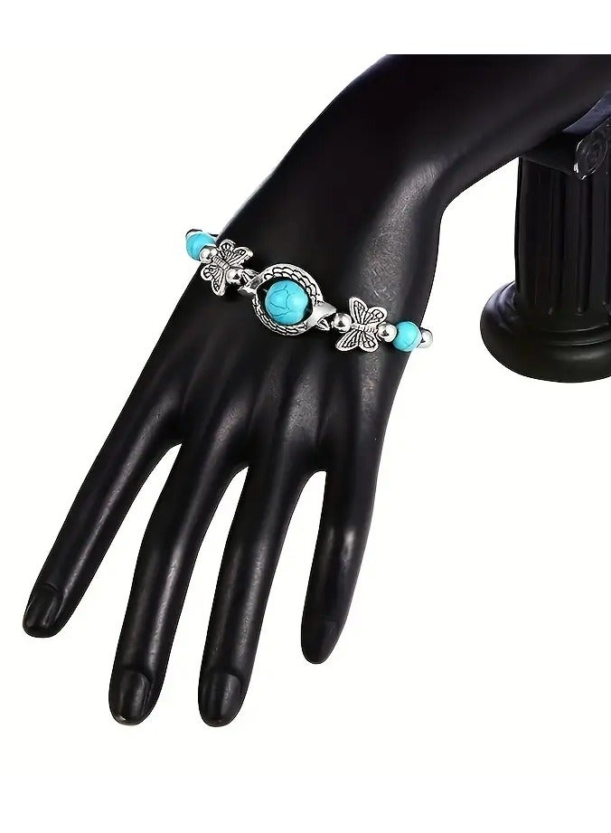 Bohemian Style Vintage erfly Turquoise Carved Hollow Geetric Bracelet Adjustable Open Bracelet Couple Bracelet Best Gift - Image 2