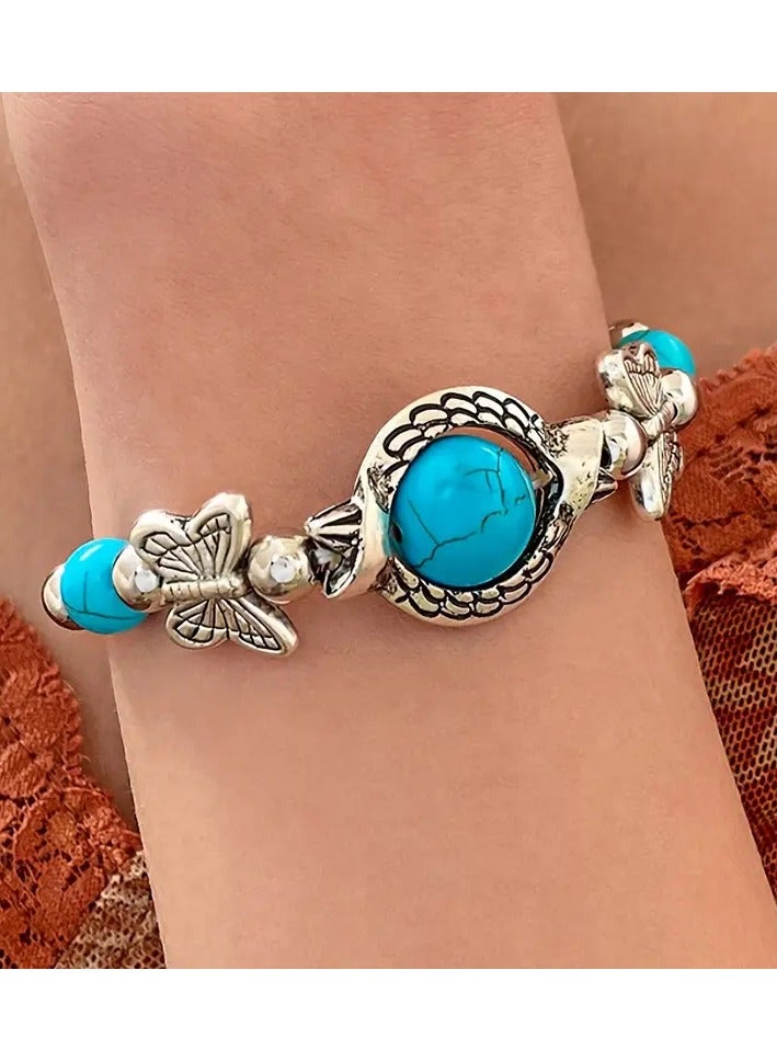 Bohemian Style Vintage erfly Turquoise Carved Hollow Geetric Bracelet Adjustable Open Bracelet Couple Bracelet Best Gift - Image 4