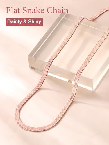 FOCALOOK Rose Gold Plated Flat Snake Chain Necklace Herringbone Necklace Pink Choker Necklaces for Women 3MM(W) 15+3.5"(L) - Image 5