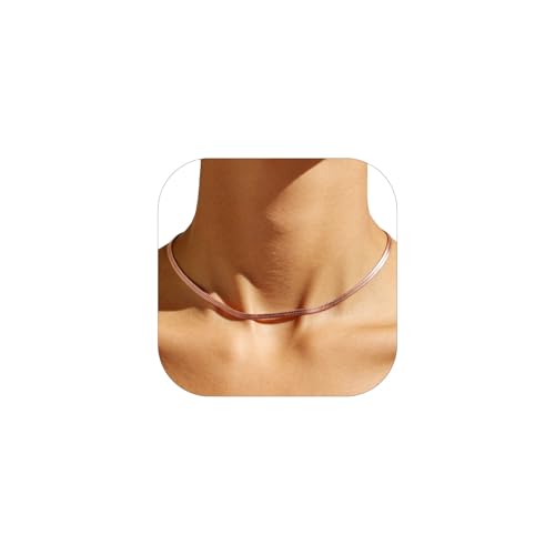 FOCALOOK Rose Gold Plated Flat Snake Chain Necklace Herringbone Necklace Pink Choker Necklaces for Women 3MM(W) 15+3.5"(L) - Image 1