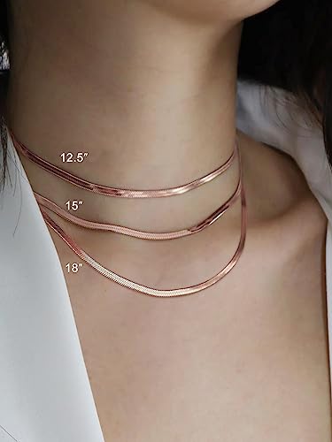FOCALOOK Rose Gold Plated Flat Snake Chain Necklace Herringbone Necklace Pink Choker Necklaces for Women 3MM(W) 15+3.5"(L) - Image 2