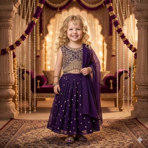 A.T.U.N. (ALL THINGS UBER NICE) Zardozi Thread Work Embroidered 3 Piece Crinkled Lehenga Set with Dupatta and Padded Choli Top for Girls | Designer Festive Ethnic Wear Outfit - Image 2