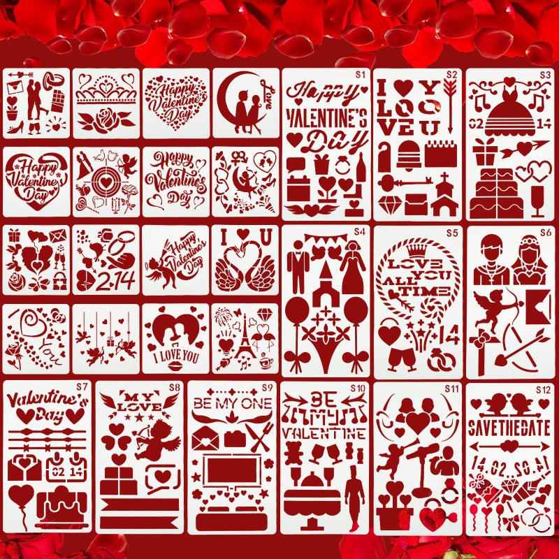 Zonon 28 Pieces Valentine's Day Stencils Reusable Valentine Painting Templates Plastic Heart Couple Drawing Scrapbooking Stencils for Valentine's Day Wedding Party Supplies Scrapbook Card Decoration - Image 1