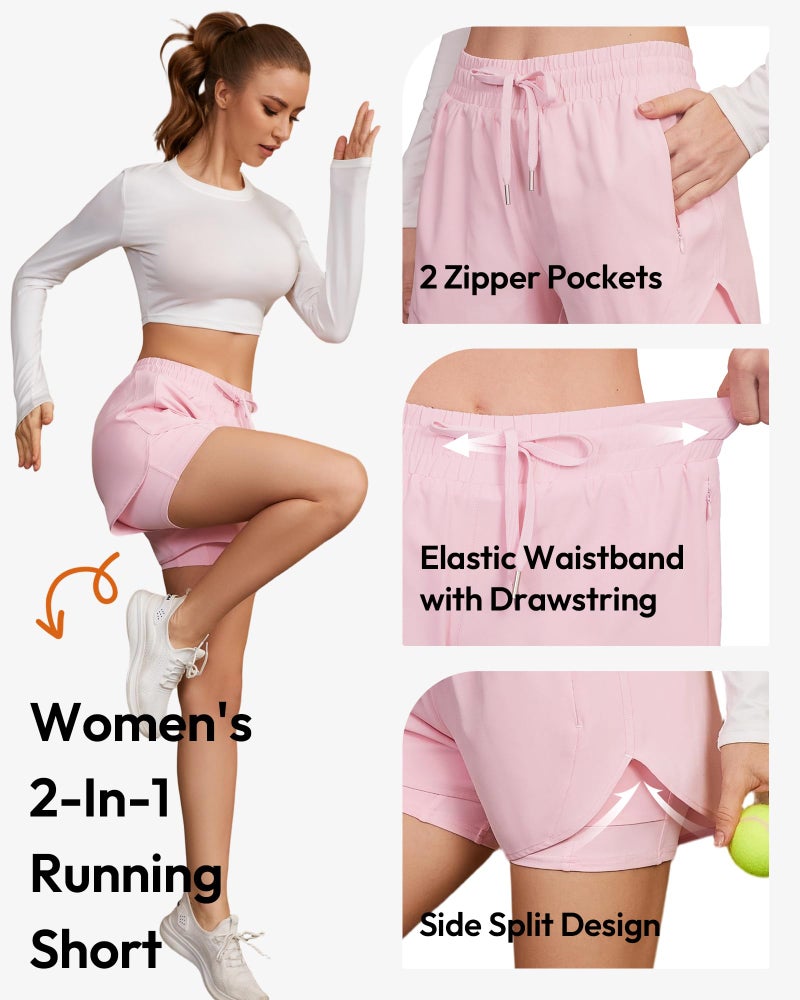 CE' CERDR 5 Pack Women's 2 in 1 Running Shorts High Waisted Athletic Workout Short for Gym Yoga with Liner 4 Pockets,Black,Navy,Dark Grey,Light Grey,Pink,X-Large - Image 3