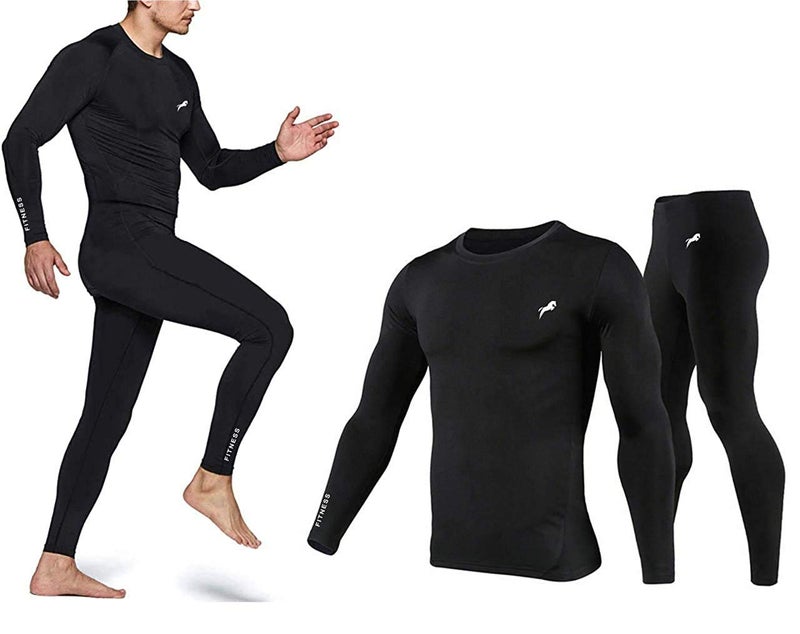 JUST RIDER Men's Sports Running Set Compression Shirt + Pants Skin-Tight Long Sleeves Quick Dry Fitness Tracksuit Gym Yoga Suits (Black, 2XL) - Image 1
