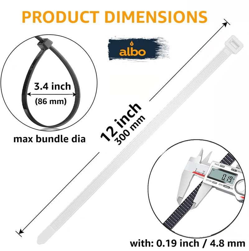 ALBO Zip Ties White 12 Inch 1000 Pack 50 lb, Long Plastic Cable Ties Thick 0.19 Inch Tie Wraps Heavy Duty UV Resistant Nylon Wire Ties for Indoor and Outdoor - Image 2