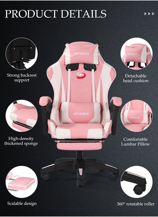 Ergonomic Gaming Chair with Footrest Computer Gaming Chair Height Adjustable Video Game Chairs Ergonomic High Back Gaming Chairs with Neck Pillow and Headrest 360° Rotation with Neck and Lumbar Support for Office Home
