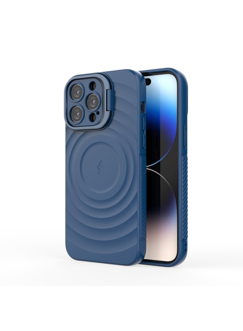 غطاء حمايه لهاتف ايفون 14 برو ماكس جراب ارمور مغناطيسي ياتي بحواف مرتفعة حول الشاشة وعدسة الكاميرا تساعد على منع الخدوش معا استاند للكاميرا - ازرق - Image 3