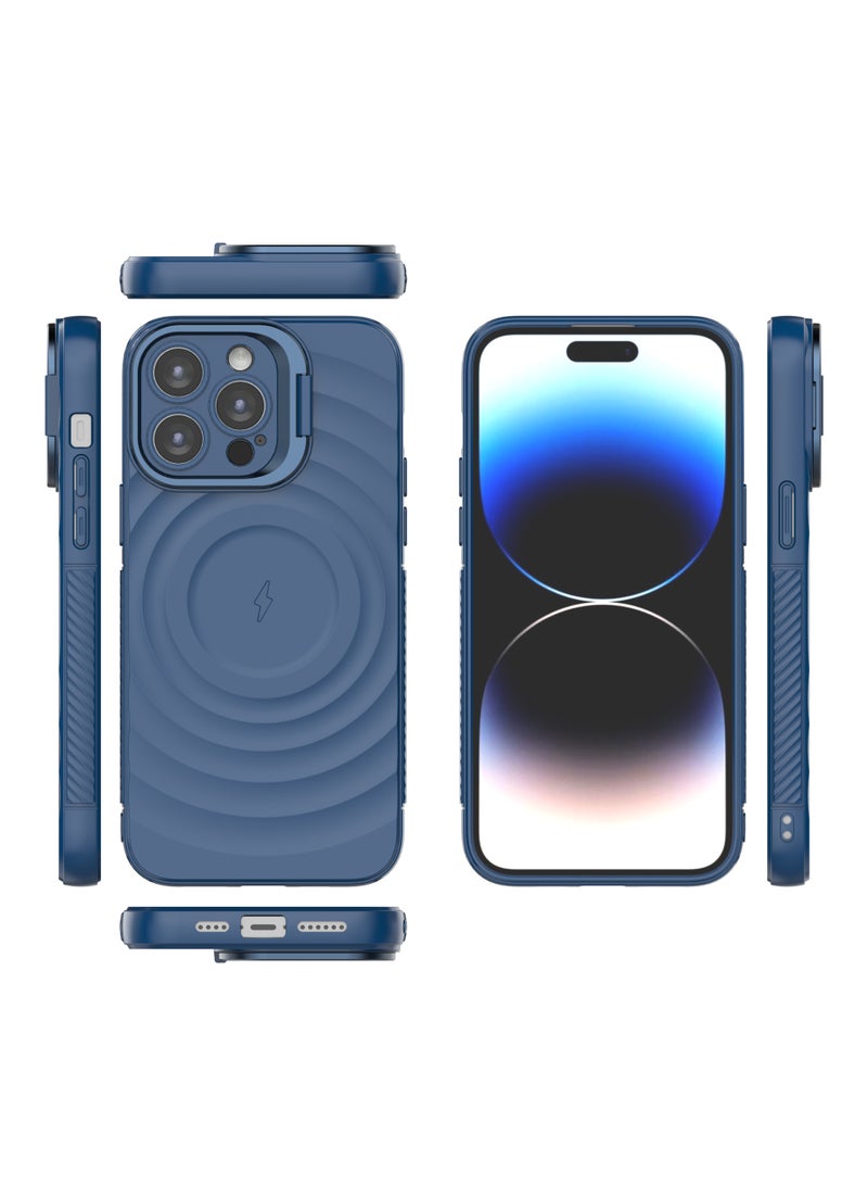 غطاء حمايه لهاتف ايفون 14 برو ماكس جراب ارمور مغناطيسي ياتي بحواف مرتفعة حول الشاشة وعدسة الكاميرا تساعد على منع الخدوش معا استاند للكاميرا - ازرق - Image 2