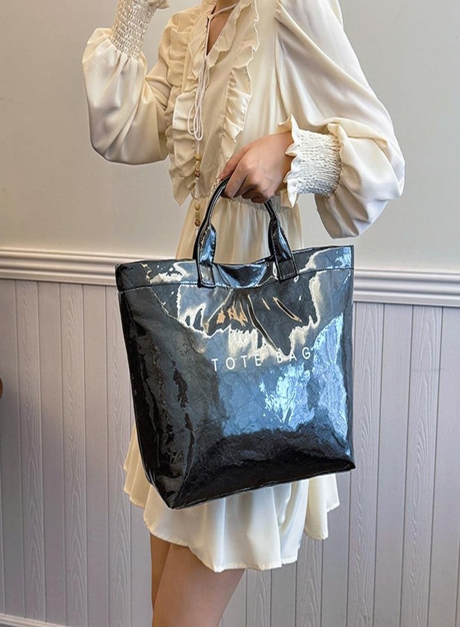 Geelyda PVC Tote Bag Women's Letters Print Large Kraft Paper Carry All Bag Top Handle Clear Hobo Handbag - Black - Image 3