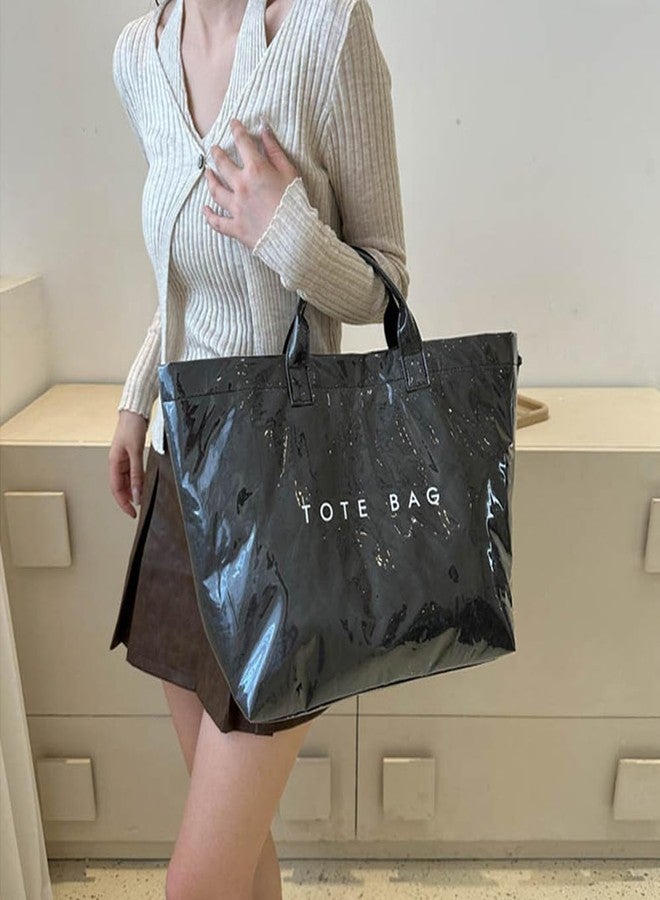 Geelyda PVC Tote Bag Women's Letters Print Large Kraft Paper Carry All Bag Top Handle Clear Hobo Handbag - Black - Image 2