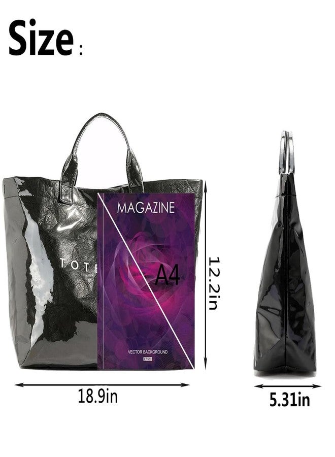 Geelyda PVC Tote Bag Women's Letters Print Large Kraft Paper Carry All Bag Top Handle Clear Hobo Handbag - Black - Image 5