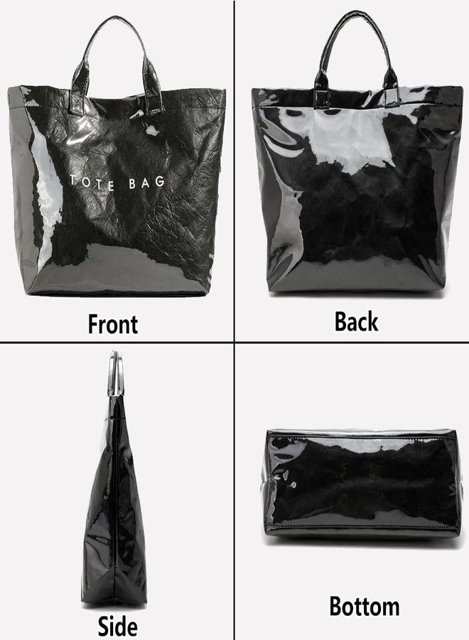 Geelyda PVC Tote Bag Women's Letters Print Large Kraft Paper Carry All Bag Top Handle Clear Hobo Handbag - Black - Image 4