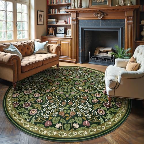 Moynesa Floral Round Rugs 6ft Boho Green Round Living Room Area Rug Washable Large Soft Circle Rug for Bedroom Non Slip Ultra Thin Floor Carpet for Dining Room Guest Room Green - Image 1