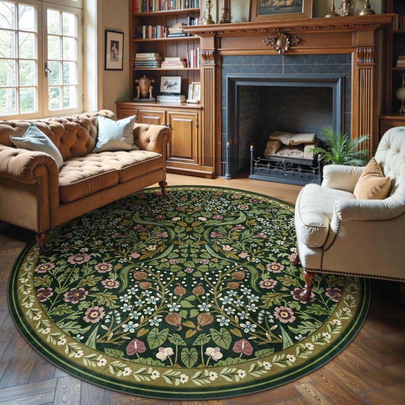 Moynesa Floral Round Rugs 6ft Boho Green Round Living Room Area Rug Washable Large Soft Circle Rug for Bedroom Non Slip Ultra Thin Floor Carpet for Dining Room Guest Room Green - Image 2