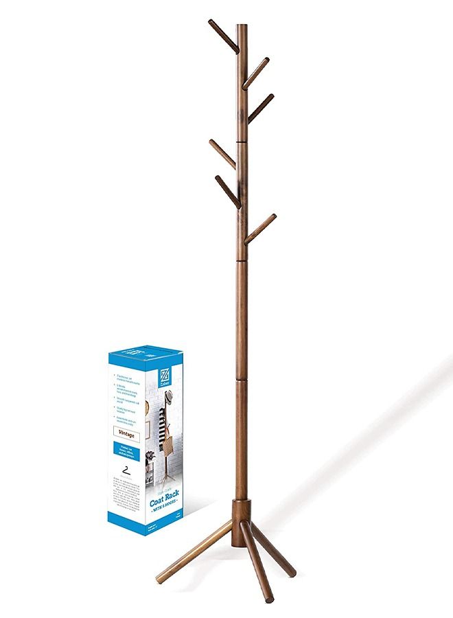 ZOBER High-Grade Wooden Tree Coat Rack Stand, 6 Hooks - Super Easy Assembly NO Tools Required - 3 Adjustable Sizes Free Standing Coat Stand, Hallway Coat Hanger Hat Stand, for Handbag, Clothes & Accessories - Image 1