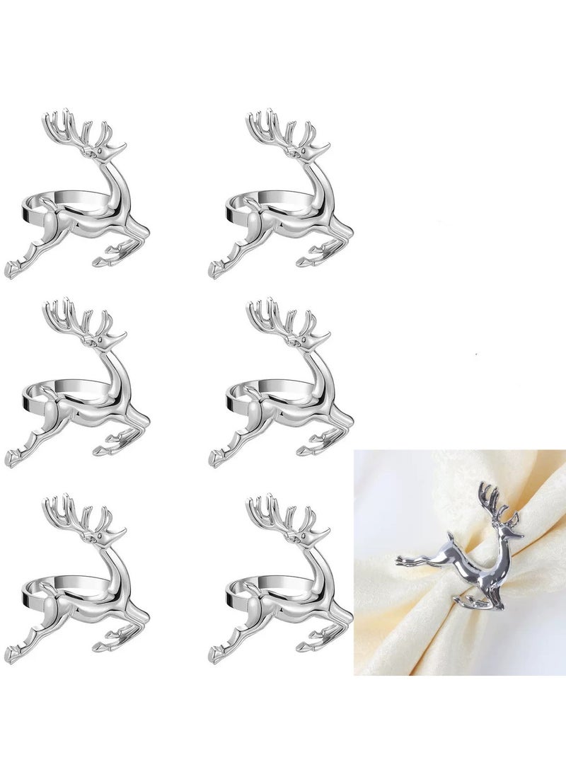 6 قطع من حلقات المناديل الفضية على شكل غزال - ديكور أنيق للطاولة، تصميم غزال معقد، مثالي لتناول الطعام في العطلات - Image 1