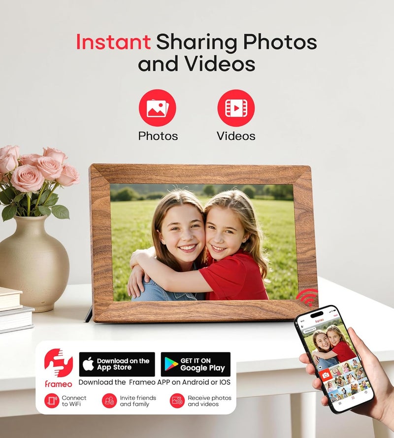 بيجاسو إطار صور رقمي Frameo بحجم 10.1 بوصة مع ذاكرة 32 جيجابايت، إطار صور إلكتروني واي فاي، خشبي، شاشة لمس IPS بدقة 1280 × 800، دوران تلقائي، عرض شرائح، قابل للتركيب على الحائط، مشاركة الصور/الفيديو عن بُعد من أي مكان - Image 2