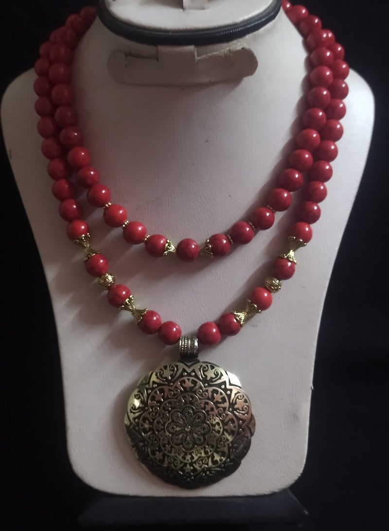 R&R Women's necklace made of natural red coral, a copper pendant - Image 2