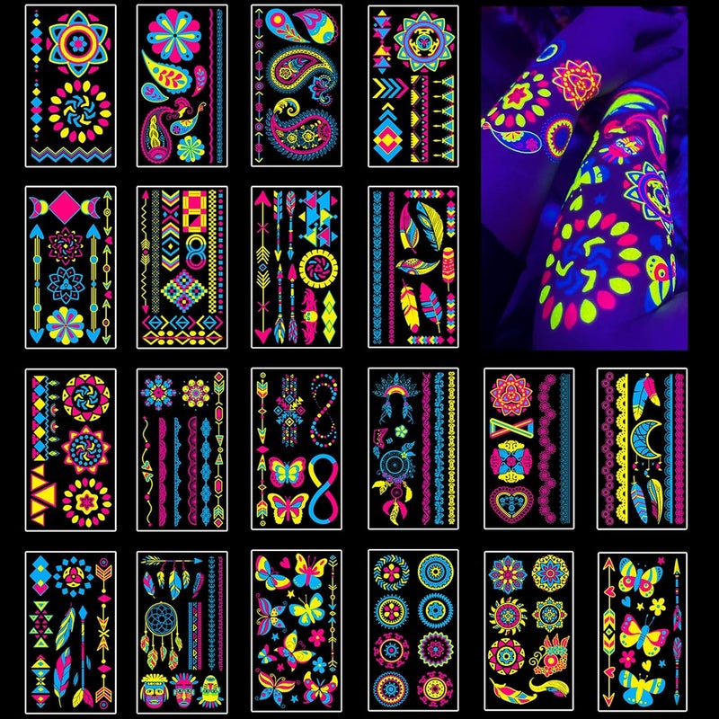 170 Pcs Luminous Temporary Tattoos under Neon UV Blue Black Light Glow Neon Party Accessories Supplies Tattoos for Kids Adults Waterproof Tattoo Stickers Party Bag Fillers Cool Birthday Gifts