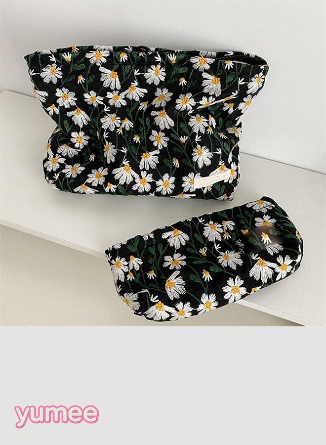 yumee 2-Pcs Floral Embroidered Cosmetic BagTravel Makeup Bag with Zipper - Perfect for On- the-Go Beauty Essentials - Image 1