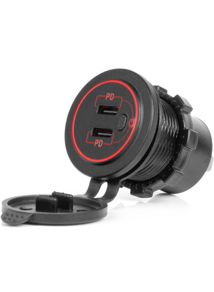 AMIO Waterproof Phone Charger with Switch RED LED Backlight 2xUSB C 12/24V - Image 1