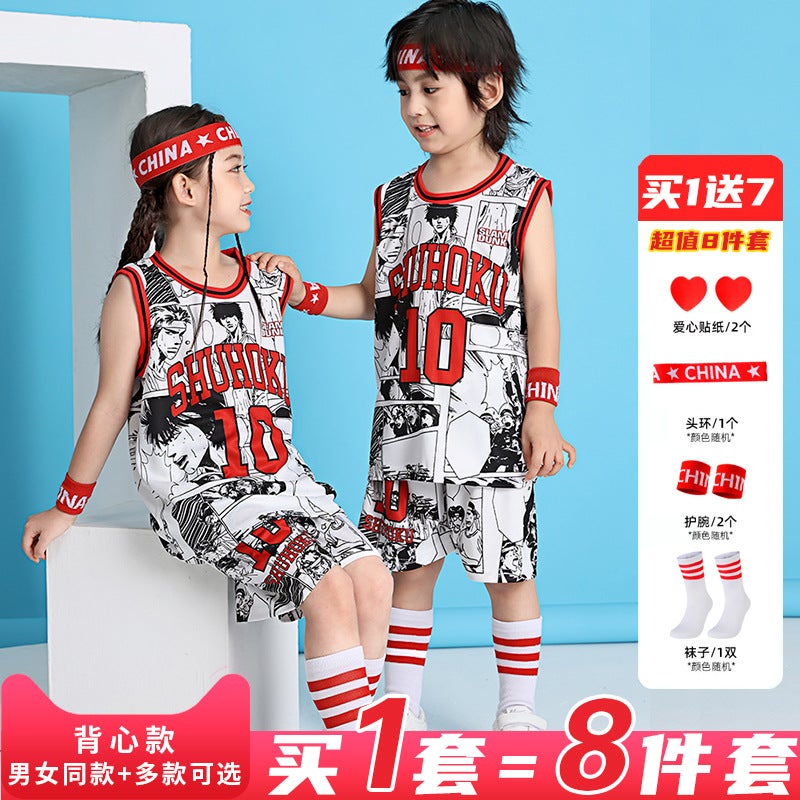 Children'S Basketball Clothes Suit Boys And Primary School Students Short-Sleeved Fake Two-Piece Quick-Drying Sports Training Slam Dunk Player Jersey - Image 1