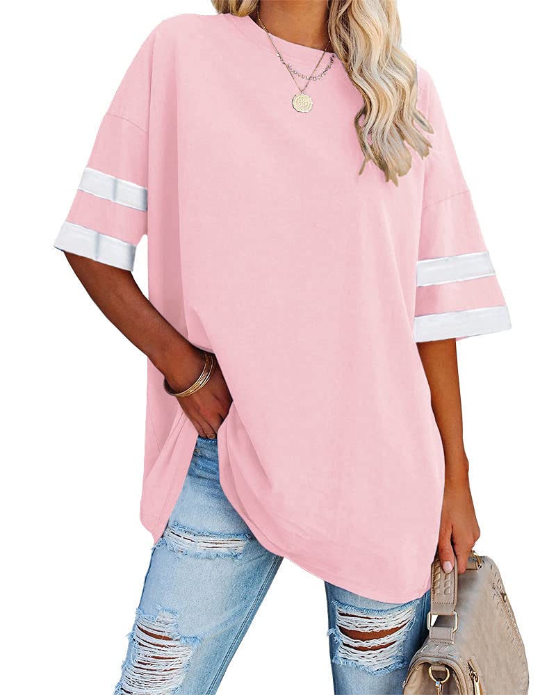 Fisoew Womens Oversized Tees Loose T Shirts Half Sleeve Crew Neck Color Block Cotton Tunic Tops Pink - Image 3