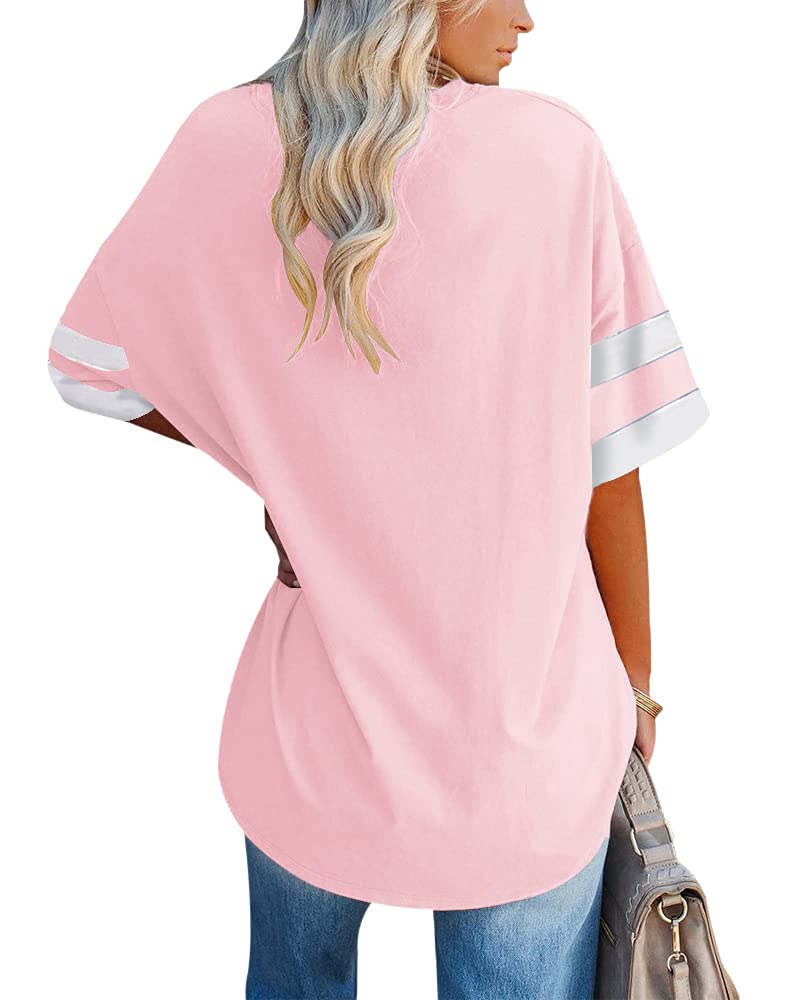 Fisoew Womens Oversized Tees Loose T Shirts Half Sleeve Crew Neck Color Block Cotton Tunic Tops Pink - Image 2