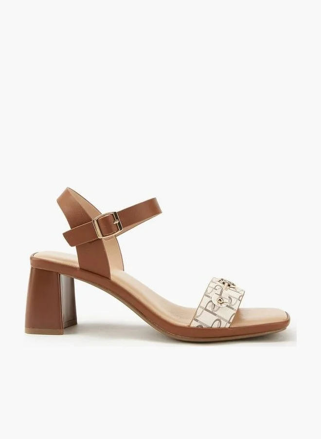 Paprika Metal Accent Block Heel Sandals With Buckle Closure