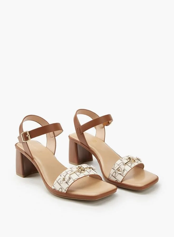 Paprika Metal Accent Block Heel Sandals With Buckle Closure