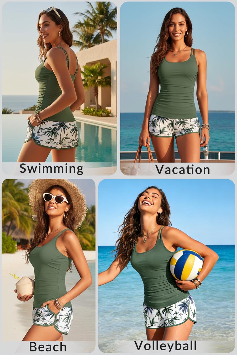 Yonique Women Tankini Swimsuit with Shorts - Two Piece Tummy Control Bathing Suit with Pockets 2025 Swimwear Green Palm Tree L - Image 5
