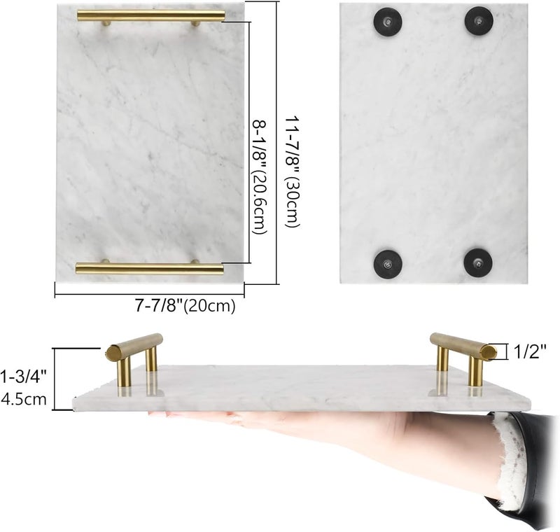 HighFree Marble Stone Decorative Tray, Handmade Nightstand Tray, Marble Platter Catchall Tray with Copper-Color Metal Handles for Counter, Vanity, Dresser, Nightstand and Desk (White) - Image 2