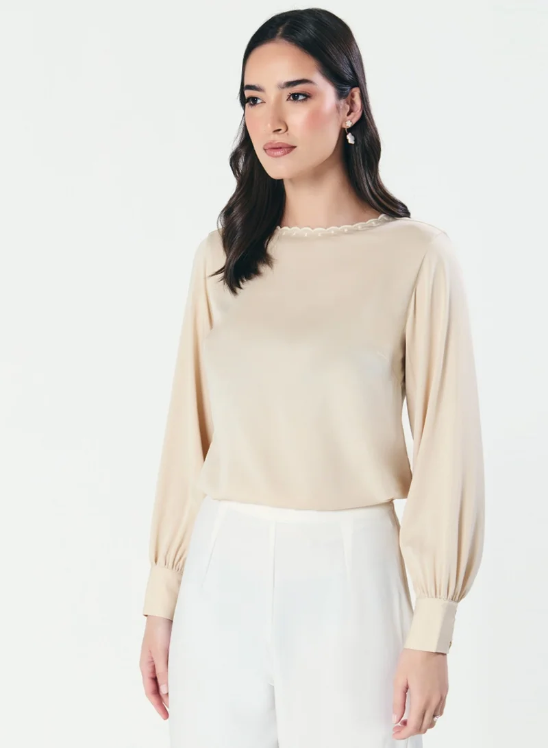 Zigzag Neck Scalloped Long-Sleeve Light Beige Top