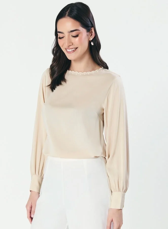 Zigzag Neck Scalloped Long-Sleeve Light Beige Top