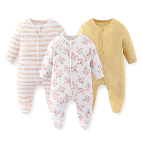 JELYLOVE Unisex Baby Boy Girl Footies Rompers Cotton Long Sleeve 3 Pack Infant Jumpsuits 0-12Months Babies' Outfits - Image 1