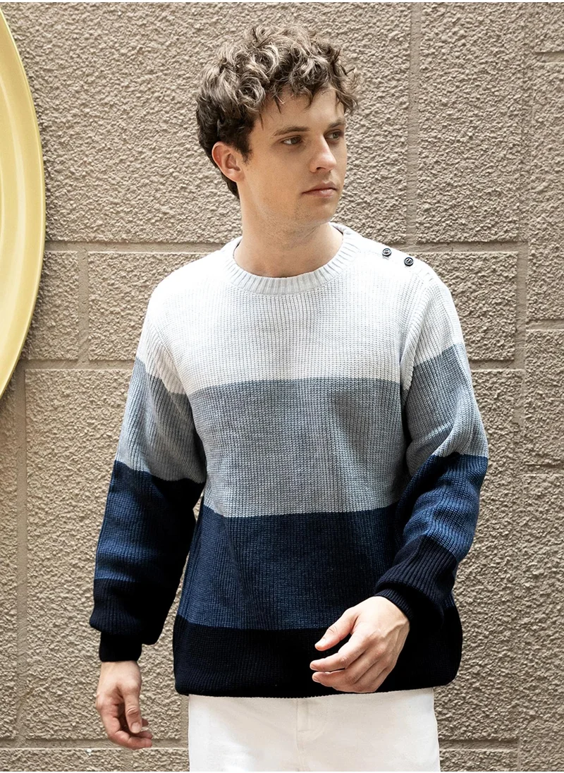 Campus Sutra Men's Navy Blue & Icy Blue Contrast Panel Sweater