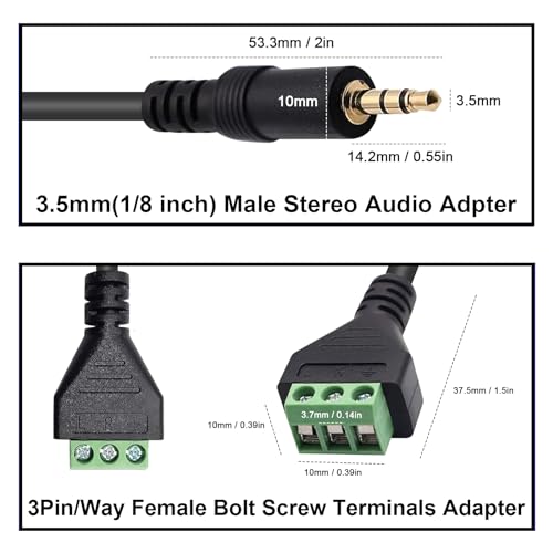 Poyiccot 3.5mm Screw Terminal Connector Cable, 3.5mm(1/8inch) Stereo Audio Balanced Male Jack to AV 3 Pin Screw Terminal Adapter Cable 30cm(1/8inch TRS) - Image 3