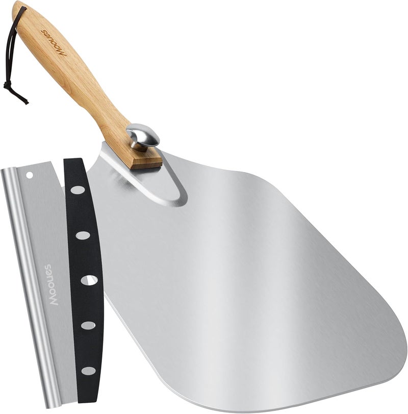 Mooues Pizza Peel Aluminum Pizza Spatula,17 inch Metal Pizza Paddle(12"x 17") with Rocker Cutter Foldable Wood Handle, [Storage bag included], for Family Pizza Oven Baking Pizza, Dough, Bread & Pastry - Image 1