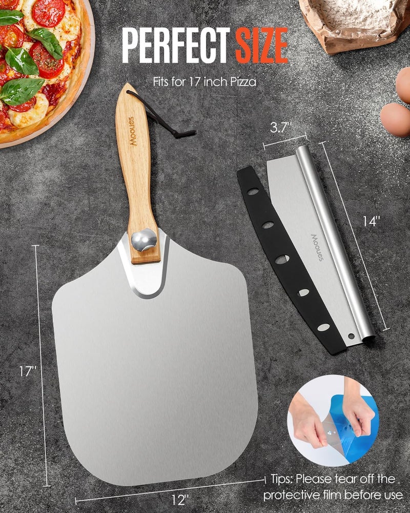Mooues Pizza Peel Aluminum Pizza Spatula,17 inch Metal Pizza Paddle(12"x 17") with Rocker Cutter Foldable Wood Handle, [Storage bag included], for Family Pizza Oven Baking Pizza, Dough, Bread & Pastry - Image 5