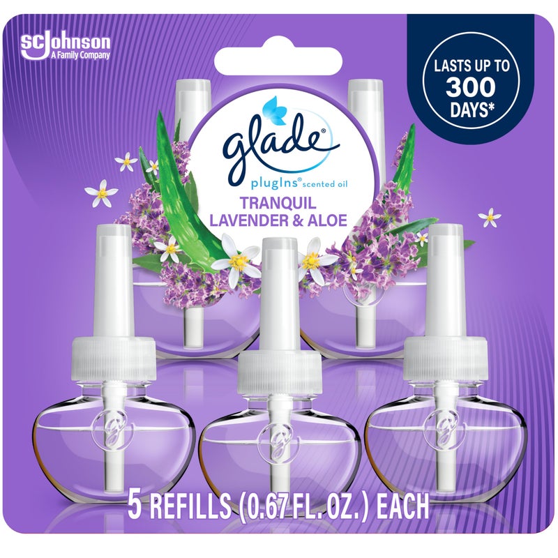 Glade PlugIns Refills Air Freshener, Scented and Essential Oils for Home and Bathroom, Tranquil Lavender & Aloe, 3.35 Fl Oz, 5 Count - Image 1