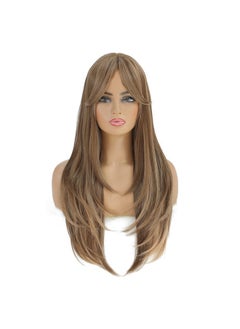 SWACC SWACC Long Layered Straight Wig with Bangs Synthetic Hair Wig for Women with Wig Cap (Brown Blond Highlight)  - Image 1