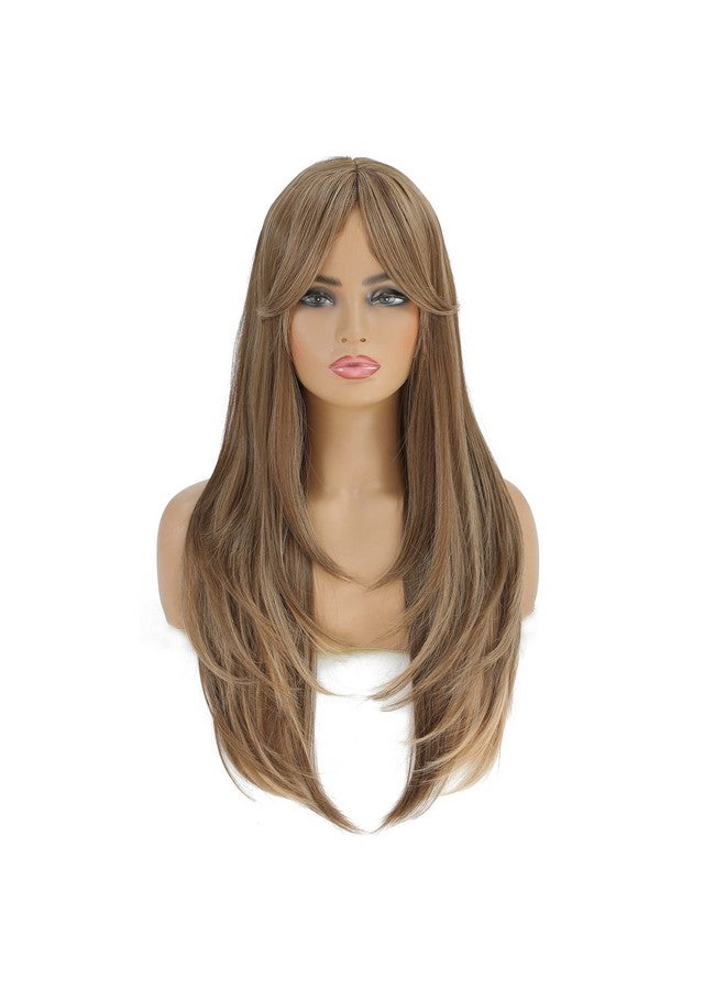 SWACC Long Layered Straight Wig with Bangs Synthetic Hair Wig for Women with Wig Cap (Brown Blond Highlight) - Image 1